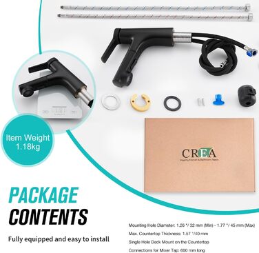 Сучасний змішувач для ванної кімнати CREA з висувною лійкою, 2 режими струменя, одноlever, з міді з хромовим покриттям (чорний)