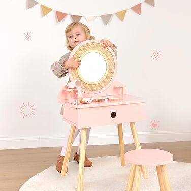 Дитячий туалетний столик OOOK для дівчаток з дзеркалом та табуретом, рожевий, з дерева