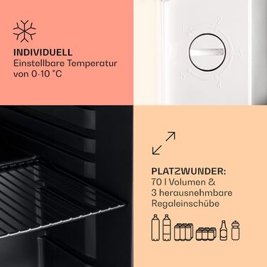 Klarstein Mini Холодильник з скляними дверцятами, 48L, для кімнати та офісу, з висувною полицею, тихий, 0-10°C, 48 літрів, Клас енергоефективності E, кремовий