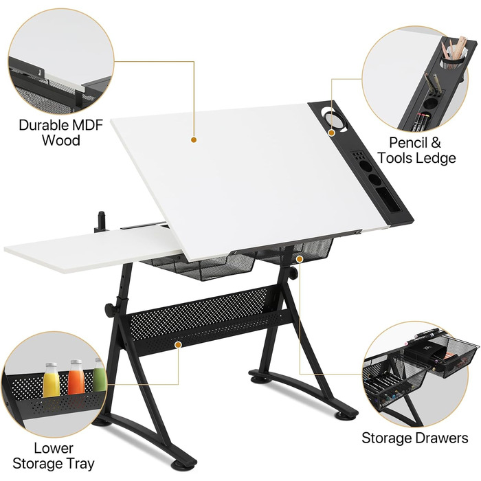 Набір мольбертів Magshion: регульований стіл для художника з нахиленою дерев'яною стільницею, стілець та 2 висувними ящиками для зберігання. Підходить для дому, офісу та школи (білий/чорний)