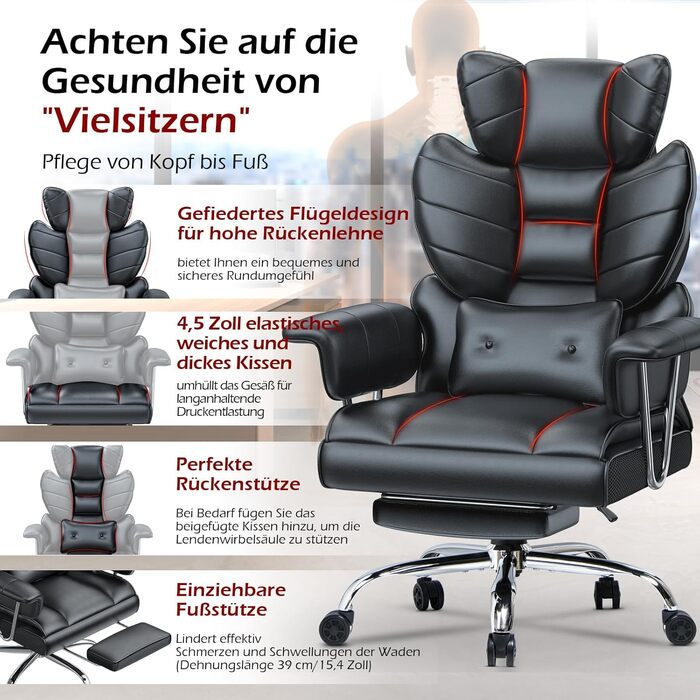 Офісний крісло Naspaluro з підніжкою, ергономічне, для дому та офісу, з підтримкою попереку, PU-шкіра, сірий (чорний 2), 77x66x134 см