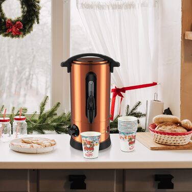 Глювайновий нагрівач 8л з 10 чашками | 1500W диспенсер гарячих напоїв з нержавіючої сталі з термостатом 30–110°C, функція підігріву та виливний кран | Глювайновий автомат для вечірок, мідно-кольоровий 8л