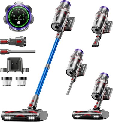 Бездротовий акумуляторний пилосос 48000Pa/580W/65Min, об'єм 1,8L, з функцією від'єднання пилу, антизаплутана щітка, 8-ступенева фільтрація. Підходить для килимів, шерсті тварин та твердих поверхонь. Колір: блакитний