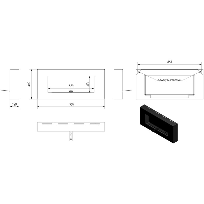 Камін KRATKI Delta Flat Bio Ethanol, 40x90 см, чорний матовий, з галькою та воронкою, сертифікат TV