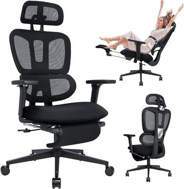 Ергономічне крісло для офісу з підніжкою, висока спинка, 2D підголівник, відкидні підлокітники, сидіння з губки, сітчастий офісний крісло, крісло для начальника, комп'ютерне крісло для дорослих, чорне