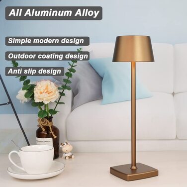 LED настільна лампа бездротова, 6000mAh, IP54, алюміній, сенсорне керування, тепле світло, для спальні, кав'ярні, ресторану (коричнева)