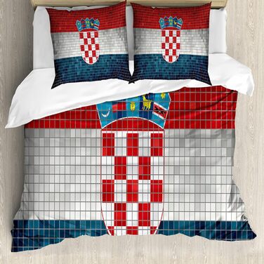 Хорватія Набір підковдр для односпальних ліжок, прапор з мозаїчними квадратами, захист від кліщів для алергіків підходить з наволочкою, (155 см x 200 см - 80 x 80 см, Vermilion Pale Grey)
