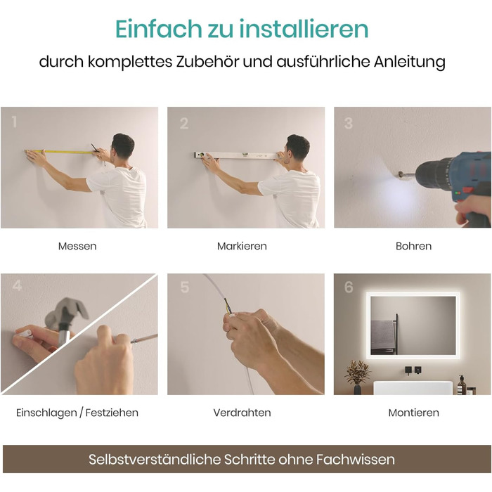 Дзеркало для ванної кімнати EMKE з підсвічуванням 120x60 см, тепле біле світло 3000K, вимикач, антизапар, 2 кольори світла, матовий бордюр