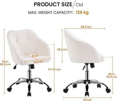 Крісло Yaheetech для дому та офісу: пуф для макіяжу, регульоване по висоті, поворотне, оксамитове, для робочого кабінету, спальні, дихаюче, на коліщатках, до 136 кг, слонова кістка