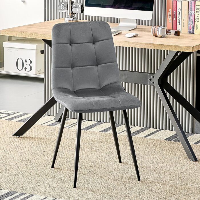 Набір з 6 обідніх стільців, м'який стілець з оксамитовою оббивкою та чорними металевими ніжками, кухонні стільці з максимальною вантажопідйомністю 120 кг, темно-сірий