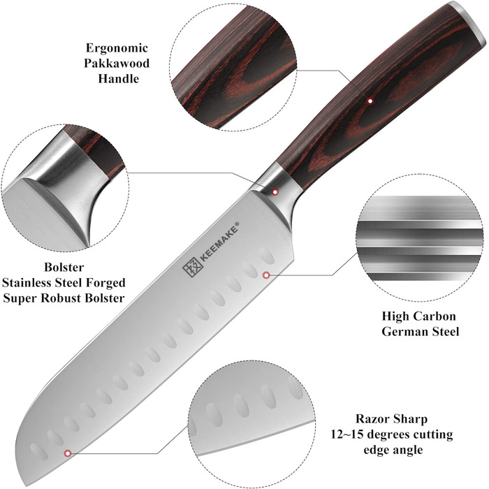 Набір кухонних ножів Keemake 7 предметів з дерев'яним блоком, професійний набір ножів з нержавіючої сталі та пластикової ручки