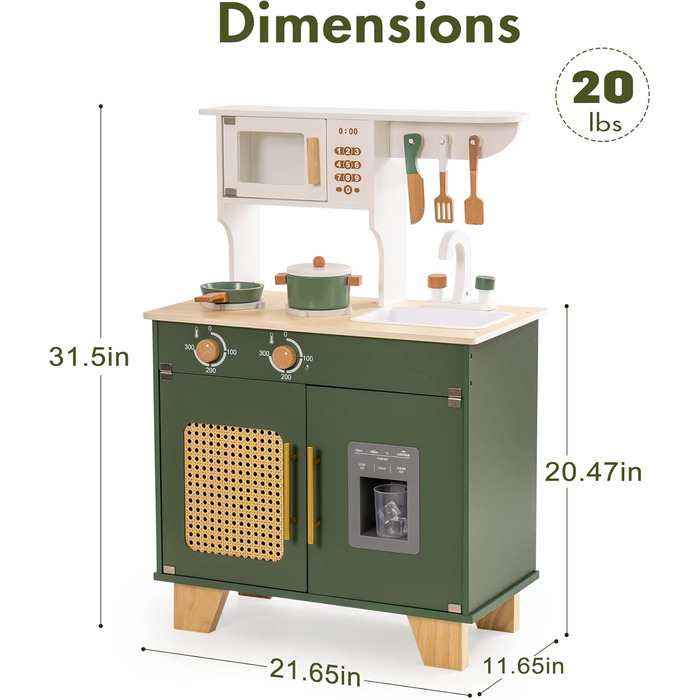Дерев'яна дитяча кухня ROBOTIME Retro з аксесуарами, мікрохвильовка, диспенсер для льоду, шафка з ротангу, зелений колір, для дітей 3-8 років