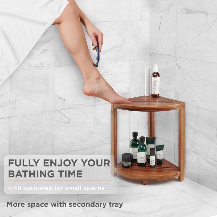 HOLANA Двомісна кутова лавка для душу з полицею та підставкою для ніг, з дерева акації, для ванної кімнати або сауни