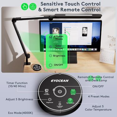 LED лампа EYOCEAN для столу: архітектурна, з регулюванням яскравості та кольорової температури, захист очей, 15W