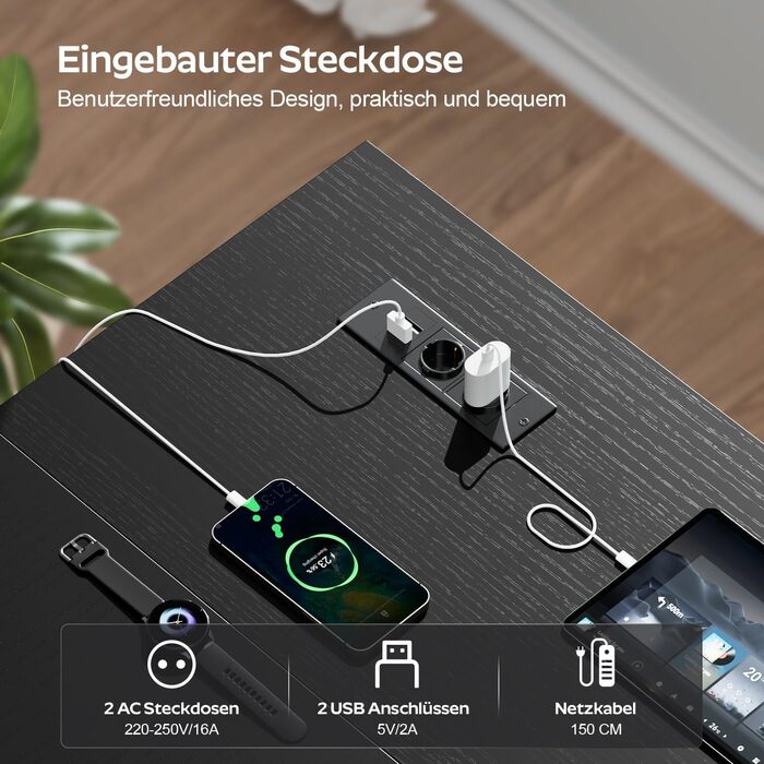 Кутовий стіл HLONONE з LED-підсвіткою та розетками, 110 x 80 см, з полицею, для комп'ютера, геймінгу, офісу, дому, білого (чорного) кольору