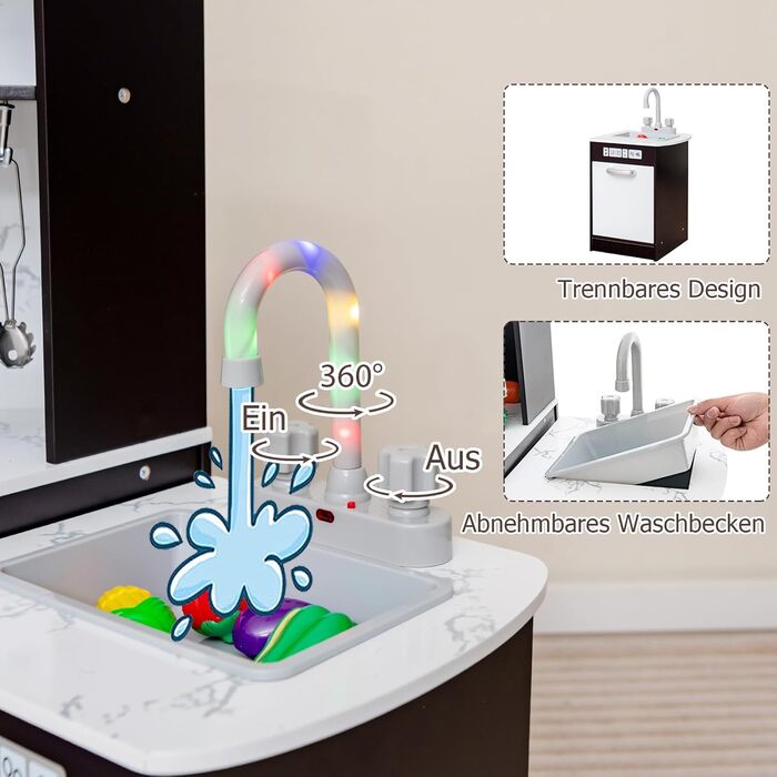 Дерев'яна дитяча кухня DREAMADE з аксесуарами (16 шт.), кухонний кутовий набір з плитою, духовкою, мийкою та дощечкою, ігровий кухонний набір з підсвіткою та звуком для дівчаток віком від 3 років (колір: коричневий)