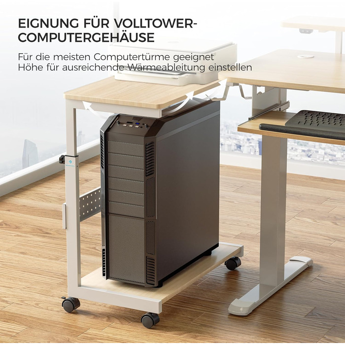 Підставка для комп'ютера EUREKA ERGONOMIC: регульована висота, ATX, для CPU, під стіл, з коліщатками та підкладкою для миші (колір: горіх)