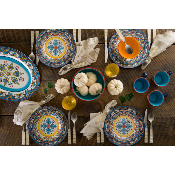 Набір посуду Euro Ceramica Zanzibar Collection, 16 частин, для кухні та їдальні, на 4 особи, з іспанським квітковим візерунком, блакитно-жовтий