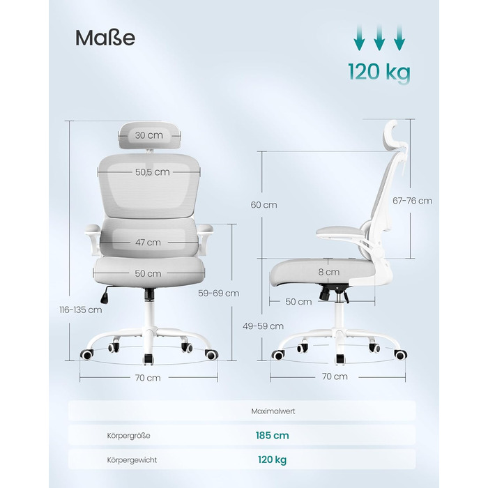 Офісне крісло SONGMICS з ергономічною спинкою з сітки, з регульованою підголівником та поперековою підтримкою, для дому та офісу, сірого кольору (OBN041G01)