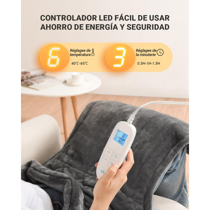 Електрична грілка iDOO 61x84 см з автовимкненням, для спини, шиї, плечей, 6 рівнів нагріву, таймер, сірий фланель, пральна