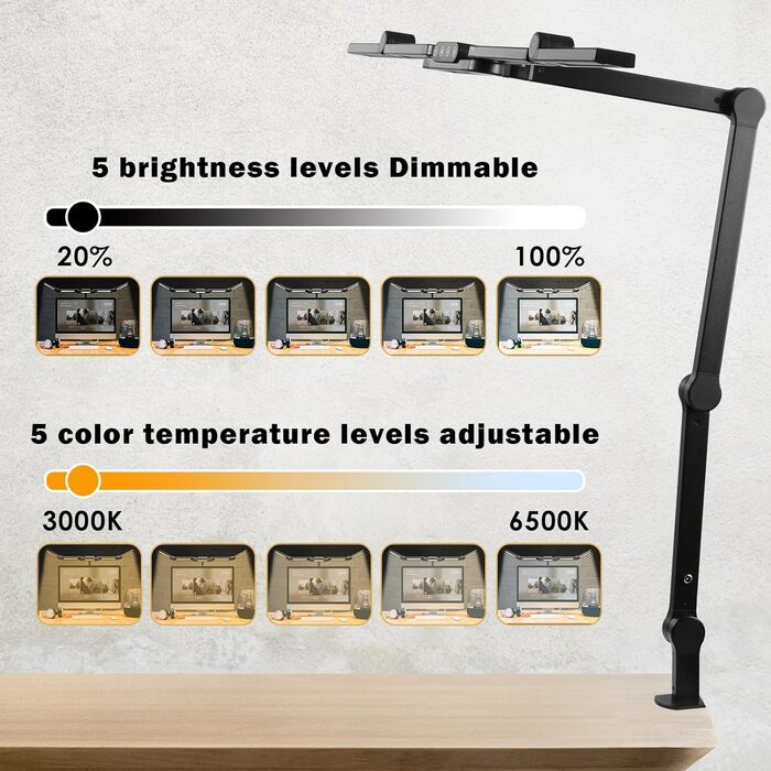 Настільна лампа LED з регулюванням яскравості, 24 Вт затискна, захист очей, денне світло, офіс/читачі/архітектори, чорний