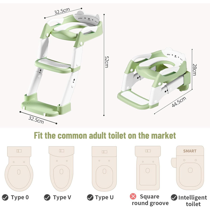 Дитячий унітаз-сходи 3-в-1 з ручками, регульована висота, зелений. Тренажер для привчання до туалету, складаний сидіння.