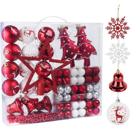 Набір новорічних кульок Anstore 100, ялинкові кульки червоні білі із зіркою для верхівки дерева, 3 см / 6 см Набір ялинкових прикрас з ударостійкого пластику з перловими ланцюжками та сніжинками 100 шт.