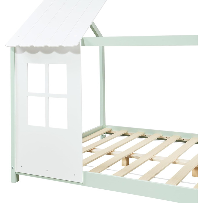 Дитяче ліжко Tostedt: ліжко-будиночок, ліжко для підлітків, ліжко-ігровий будиночок, ліжко з напіввідкритим дизайном Montessori, з масивного дерева (сосна), 120x200 см, рожево-біле