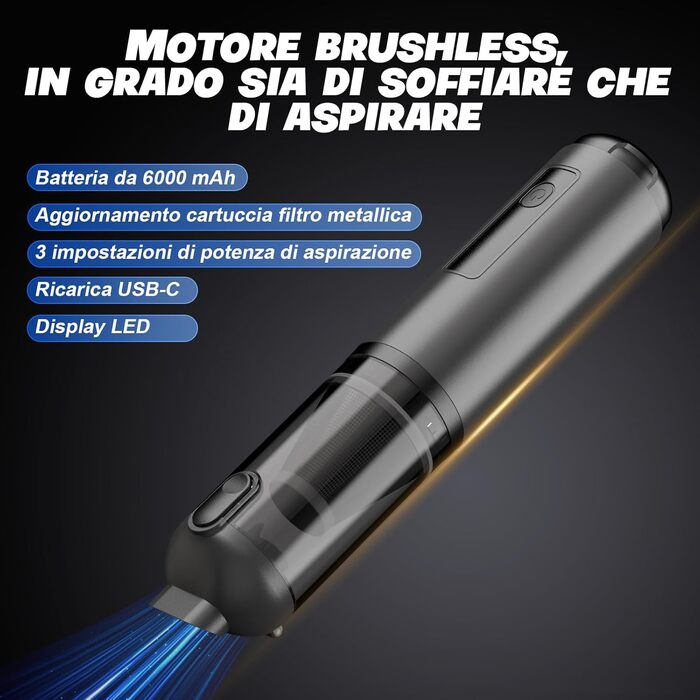 Акумуляторний ручний пилосос для авто та дому 4-в-1, безщітковий мотор 26000Па, 3 режими потужності, з підсвіткою (Сірий)