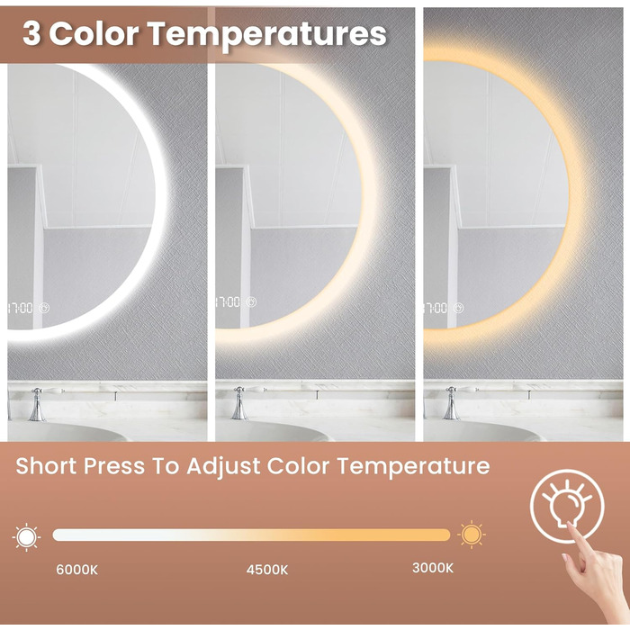 Дзеркало для ванної кімнати Habison з підсвічуванням 70x70 см, LED, з годинником та сенсорним вимикачем, регулювання яскравості, тепле/холодне/нейтральне світло, антизапотівання, 3-кратне збільшення