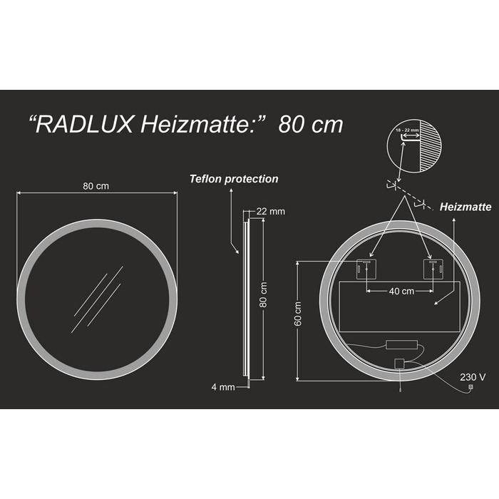 Дзеркало для ванної кімнати з підсвічуванням LED, діаметр 90 см, кругле, з нейтральним світлом 4000K