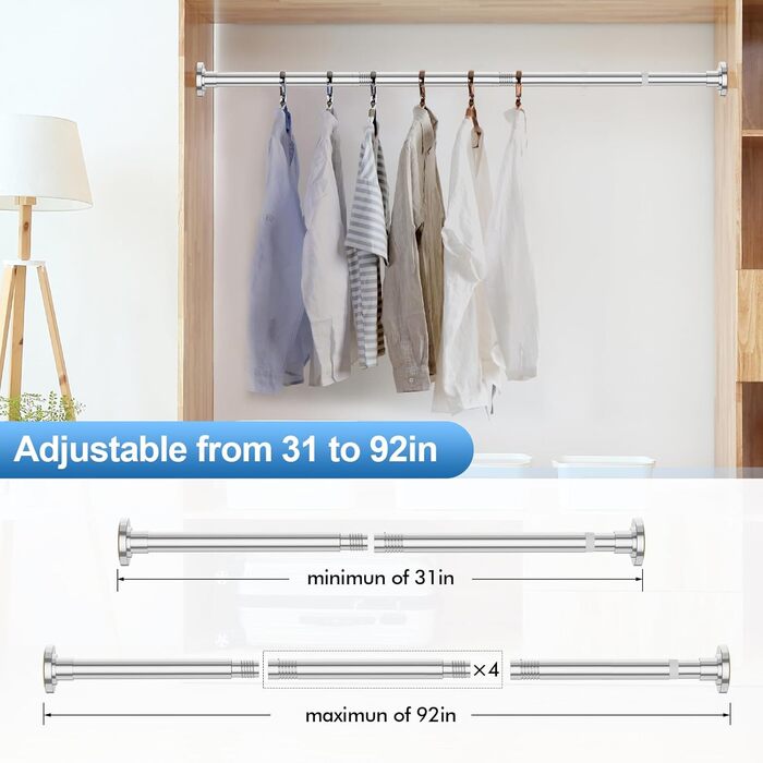 Штанга для душу, телескопічна, регульована, 79-203 см, діаметр 2,5 см, нержавіюча сталь, хромована, легкий монтаж