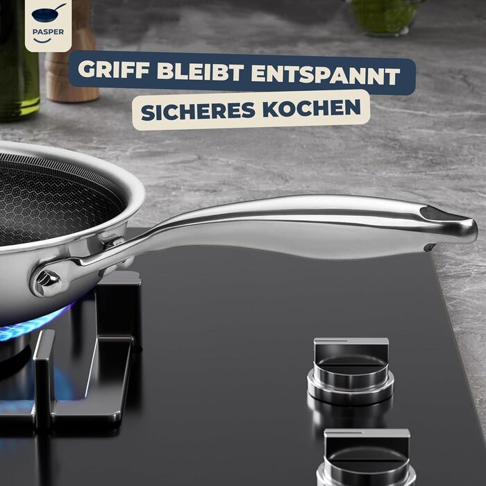 Пательня Pasper Ø 24 см – без PFAS, PTFE та PFOA – для індукційних, електричних, керамічних, газових плит та духовки – нержавіюча сталь з антипригарним покриттям у вигляді стільникового малюнку, придатна для миття в посудомийній машині