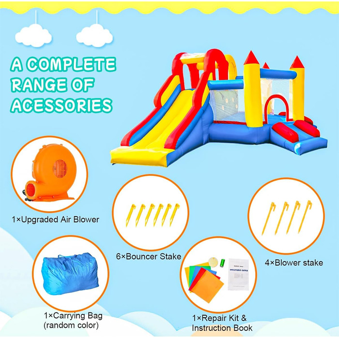 Надувний замок для дітей з насосом, міцний матеріал, для 3-4 дітей, ігровий намет для дому (315x245x194 см)