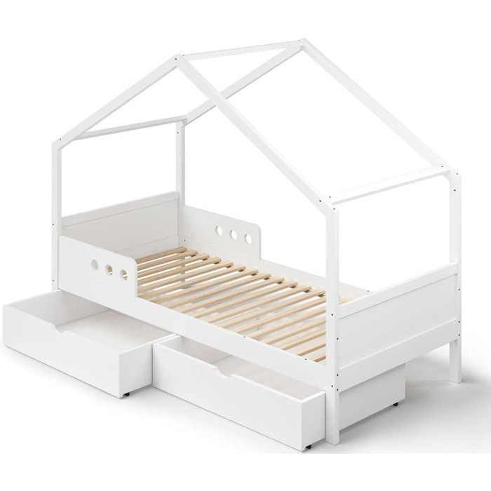Дитяче ліжко Bellabino Bela для дітей та захисту від падіння, біле дитяче ліжко, дитяче ліжко для малюків та молодіжне ліжко з масиву сосни для дівчаток та хлопчиків з рейковим каркасом (80 х 160 см, з 2 висувними ящиками)