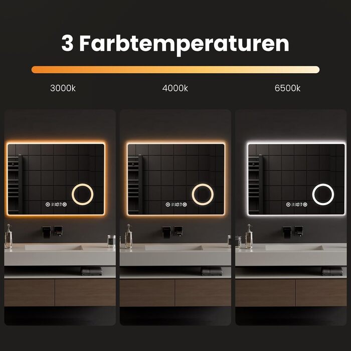 EMKE® LED дзеркало для ванної кімнати 80x60 см з підсвічуванням, сенсорне, регулювання яскравості, протитуманне, 3 кольори світла, годинник, IP44