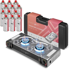 Газовий наметний пальник Gaskocher 2-flammig з п'єзозапалюванням - для балончиків MSF-1a 227g, сумісний з Campinggaz - 2 конфорки, портативний газовий пальник для кемпінгу + 4 балончики