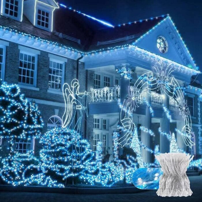 Гірлянда святкова 100 метрів, вологостійка, для дому та саду, з пультом та таймером, 8 режимів, біла/блакитно-біла