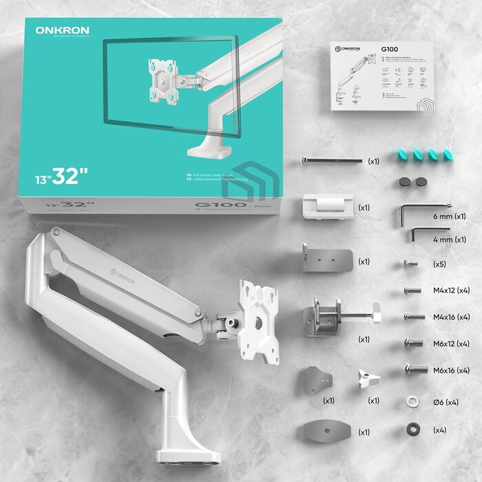 Кріплення для монітора ONKRON G100-W, 13-32 дюйми, до 9 кг, газ-амортизатор, VESA 75x75-100x100, білий
