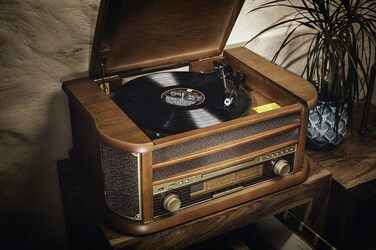 Ретро музичний центр Nostalgie з Bluetooth, касетною декою, CD/MP3/USB програвачем, радіо, програвачем вінілових платівок, AUX IN, записом MP3 та пультом