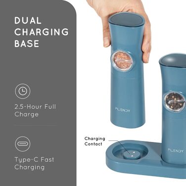 Електричні набори для солі та перцю Flendy, 2 шт. з USB-C зарядкою, для сухих спецій (блакитний)