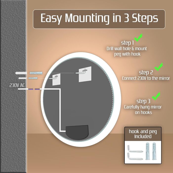 Дзеркало для ванної кімнати Venti 60 см з підсвічуванням, LED, сенсорне керування, 60x60 см
