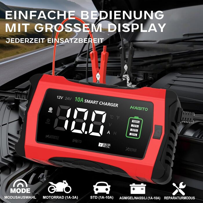 Інтелектуальне зарядне пристрій для акумулятора Haibito 12V/24V 10A з LCD-дисплеєм, для автомобіля