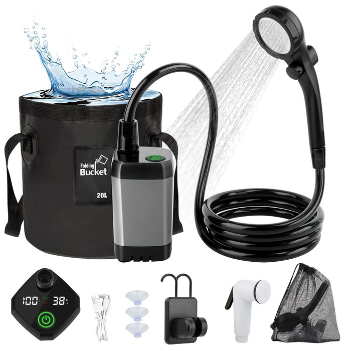 Портативна душова кабіна для кемпінгу з акумулятором та насосом, 6000mAh. Модель для відпочинку, подорожей, автомийки. З набором душової лійки та шлангом, складаний бак.