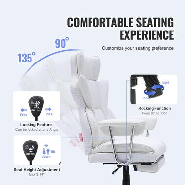 Офісне крісло VEVOR з регульованим нахилом спинки, біле, універсальний розмір