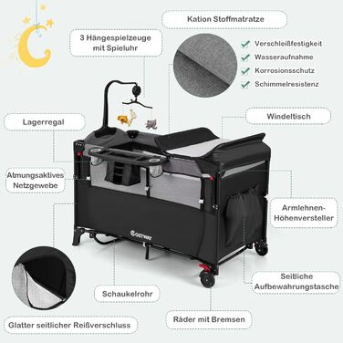 Дитяче ліжко-манеж COSTWAY 120x60 см, 2 рівні, з матрацом, пеленальним столиком, іграшками та музичною шкатулкою, мобільний, регульований, для дітей до 15 кг