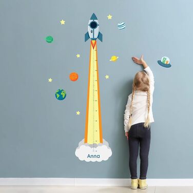 Персоналізована вимірювальна паличка як настінне татуювання для дитячої кімнати Для вимірювання висоти до 160 см Включаючи індивідуальну персоналізацію - ракета