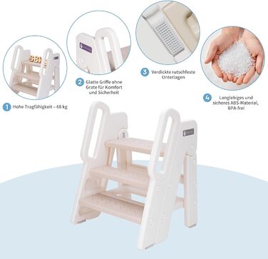 Дитячий триступеневий стільчик Funecho з регулюванням висоти, ручками та антиковзними сходинками. Легкий пластиковий дизайн для ванної кімнати, кухні та безпеки (Верблюд)