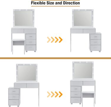 Туалетний столик TUKAILAI білий зі світлодіодним дзеркалом, табурет, шухляди - для підлітків, дівчаток, леді