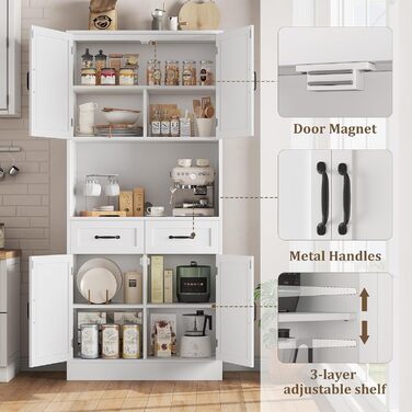 Кухонна шафа HOCSOK 180 см: буфет з робочою поверхнею, шафа для зберігання з 4 дверцятами та 2 ящиками, висока шафа-багатоцільова з регульованою полицею, білий